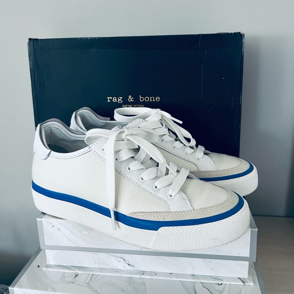 Rag & Bone Army Low White Sneakers with Blue Trim